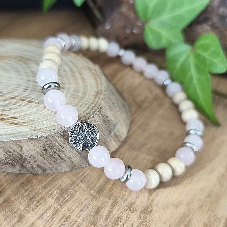 Bracelet Elastique QUARTZ ROSE - Amour, Confiance en soi, Tendresse - Modèle ARBRE DE VIE 6mm