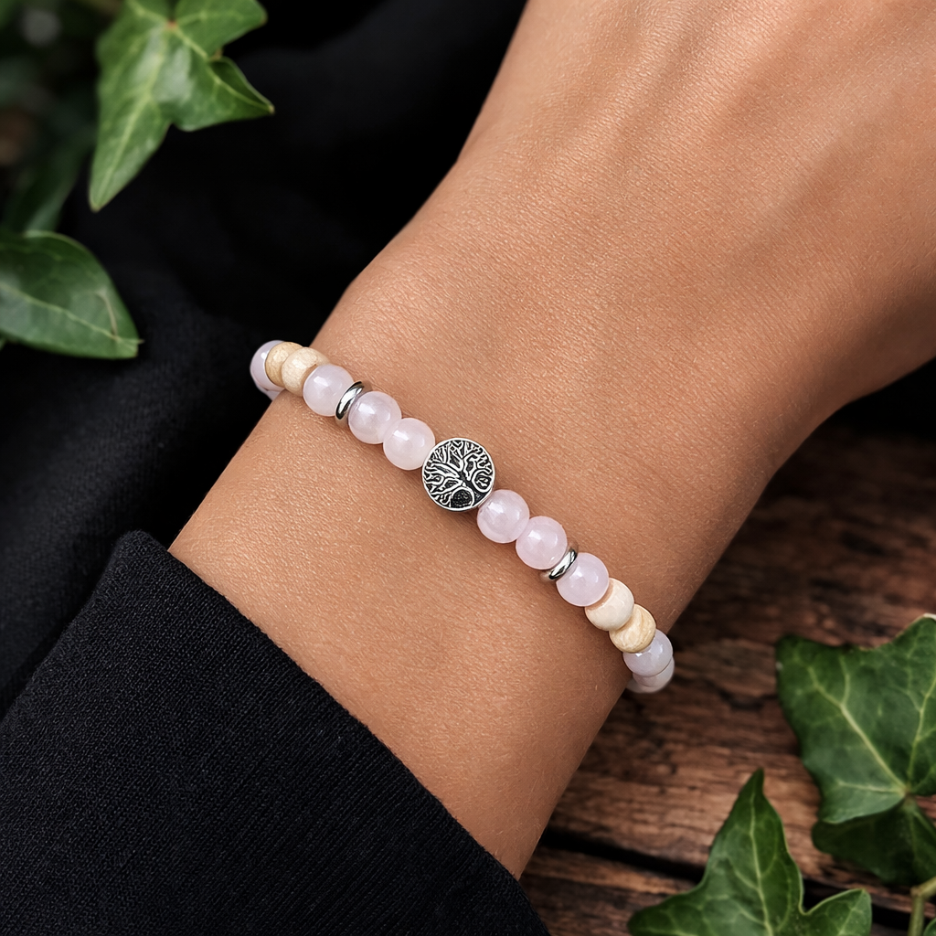 Bracelet Elastique QUARTZ ROSE - Amour, Confiance en soi, Tendresse - Modèle ARBRE DE VIE 6mm
