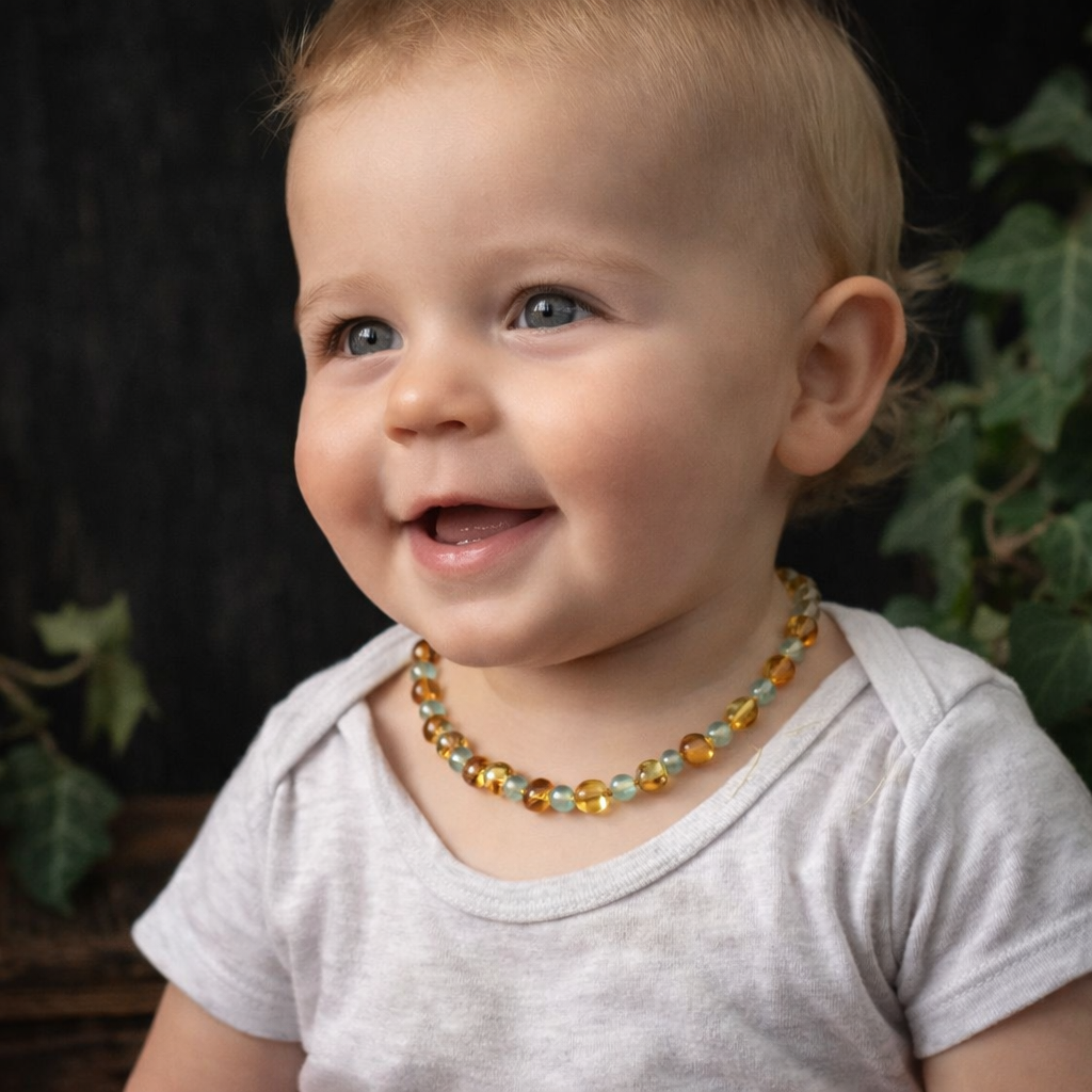 Collier bébé - AMBRE ET AVENTURINE VERTE - Canalisation