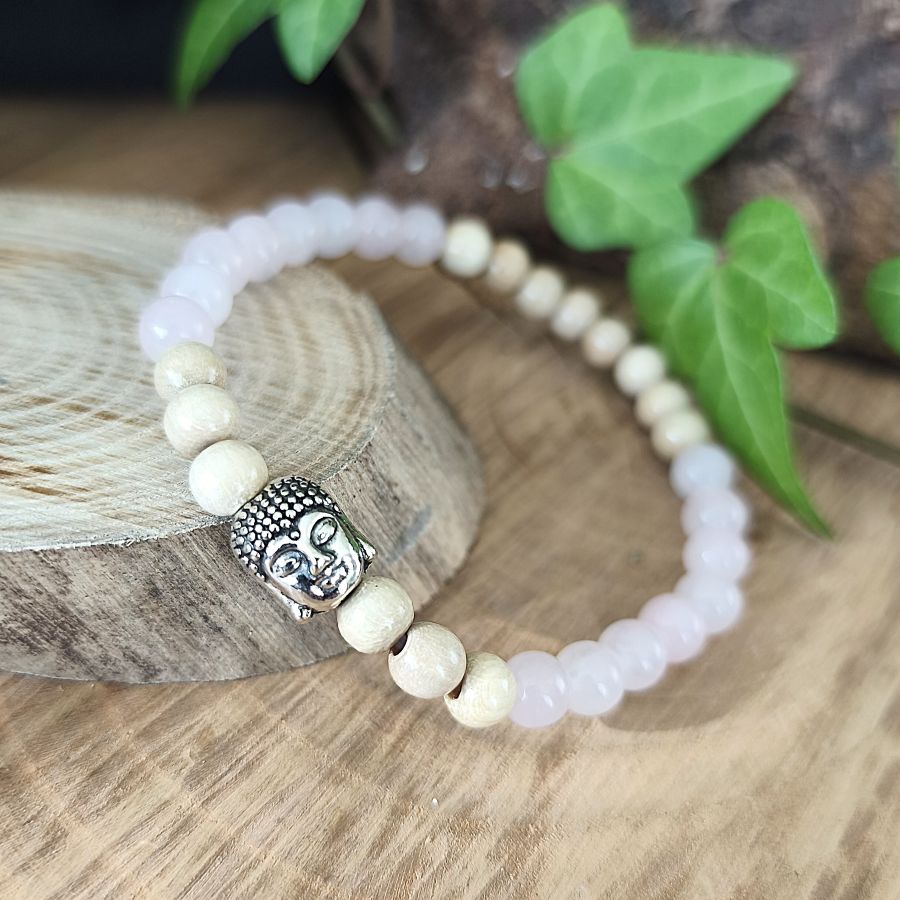 Bracelet Elastique QUARTZ ROSE - Amour, Confiance en soi, Tendresse - Modèle BOUDDHA 6mm