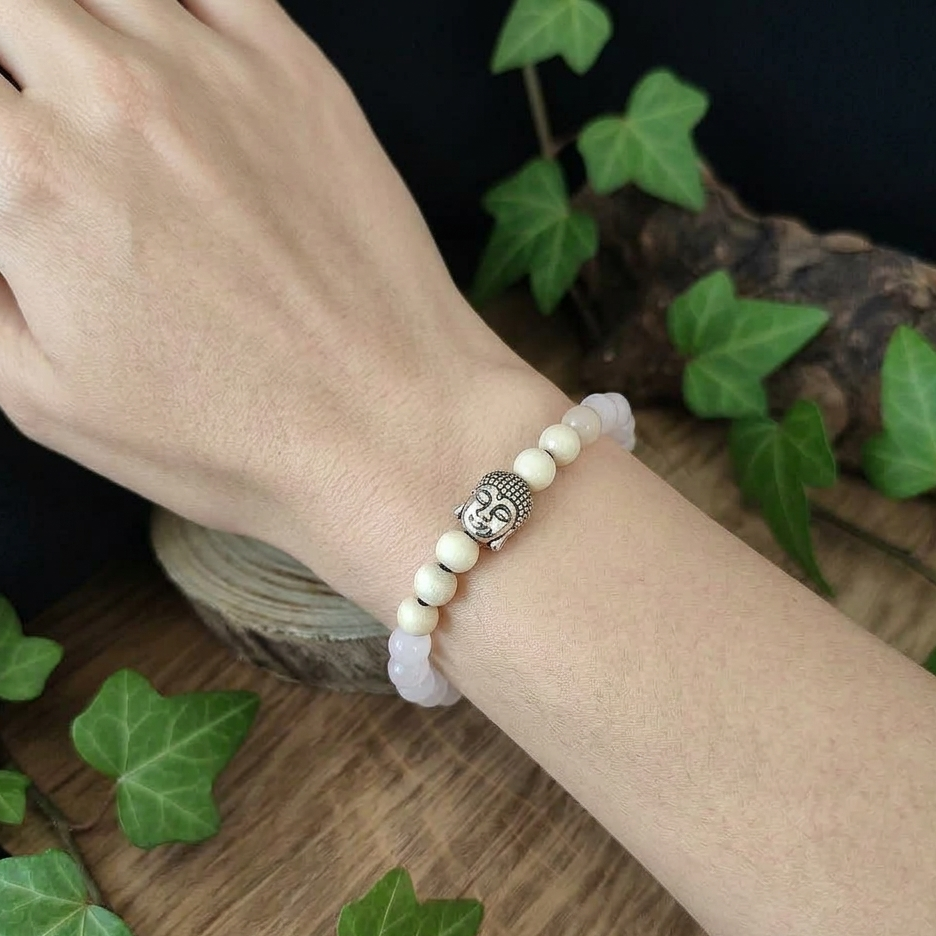 Bracelet Elastique QUARTZ ROSE - Amour, Confiance en soi, Tendresse - Modèle BOUDDHA 6mm