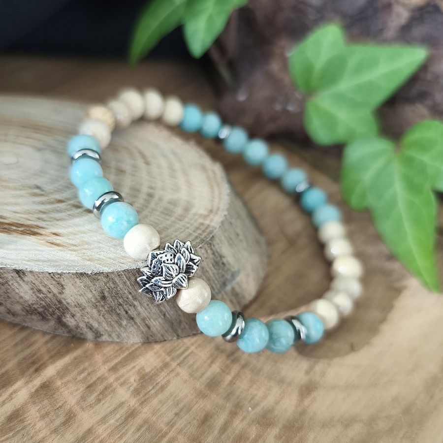 Bracelet Elastique AMAZONITE - Communication, Courage, Réconfort - Modèle FLEUR DE LOTUS 6mm