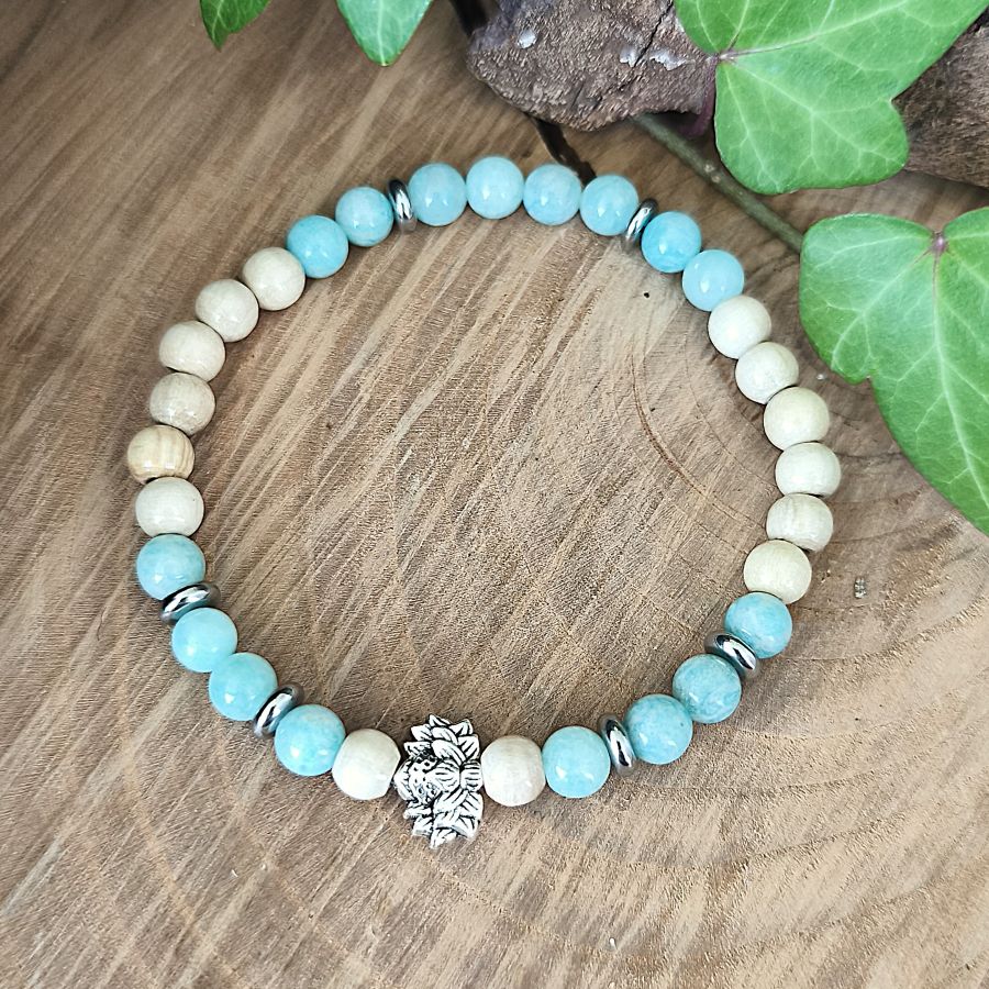 Bracelet Elastique AMAZONITE - Communication, Courage, Réconfort - Modèle FLEUR DE LOTUS 6mm