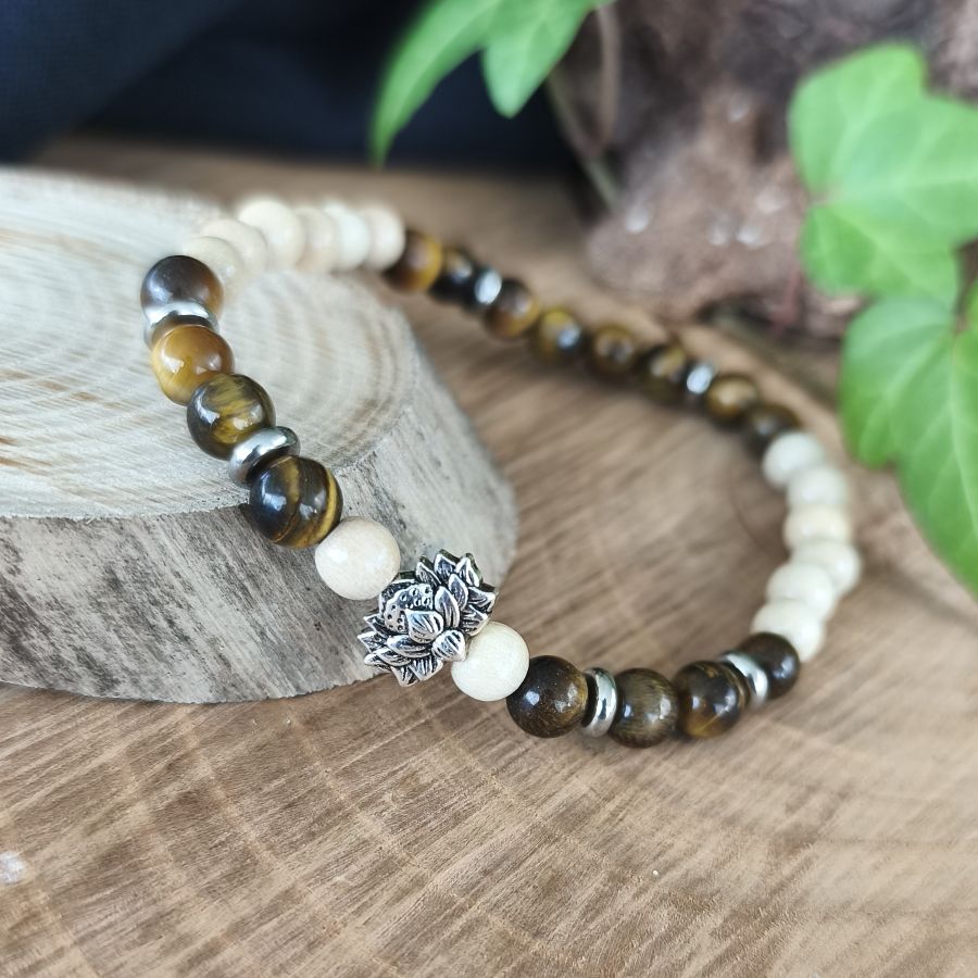 Bracelet Elastique OEIL DE TIGRE - Protection, Courage, Persévérance - Modèle FLEUR DE LOTUS 6mm
