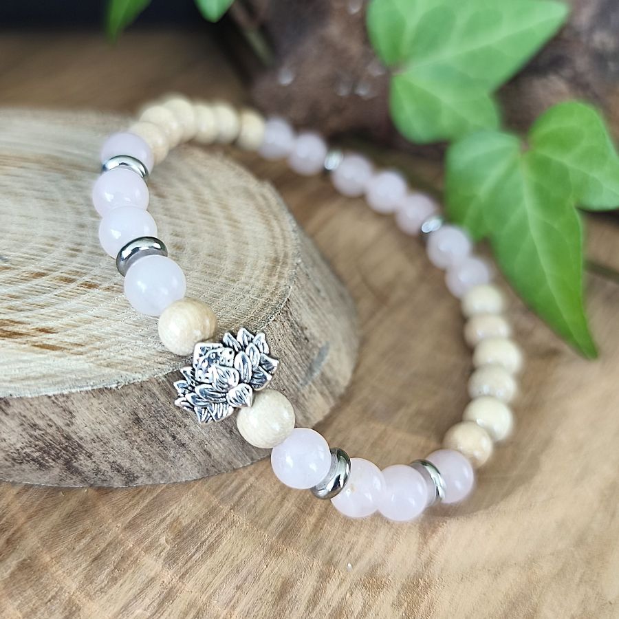 Bracelet Elastique QUARTZ ROSE - Amour, Confiance en soi, Tendresse - Modèle FLEUR DE LOTUS 6mm