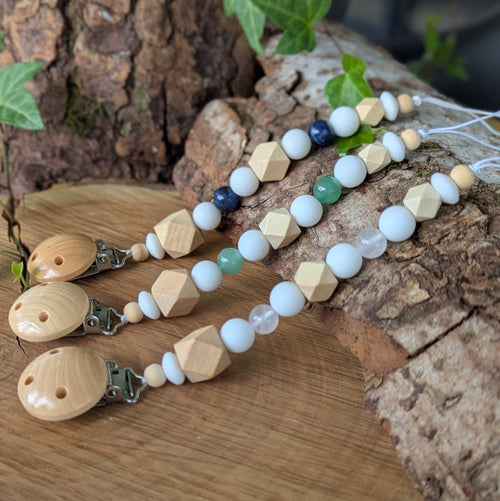 Attache-Tétine AVENTURINE VERTE - Canalisation - Modèle ORIGINE - Bois, Pierre et Silicone sans BPA