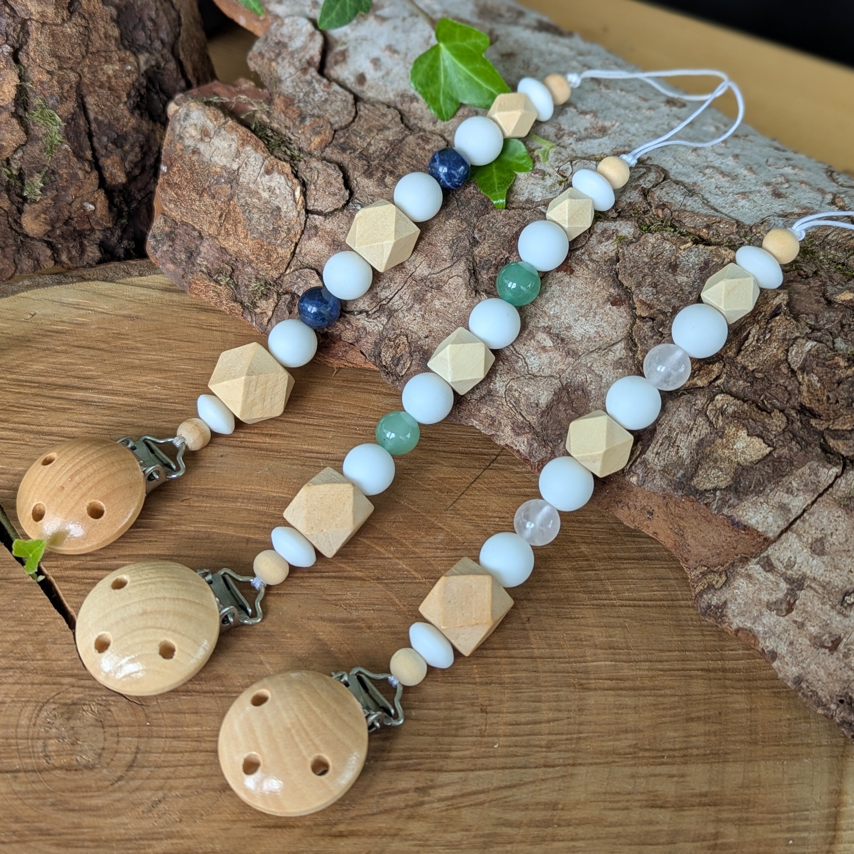 Attache-Tétine QUARTZ ROSE - Douceur - Modèle ORIGINE - Bois, Pierre et Silicone sans BPA